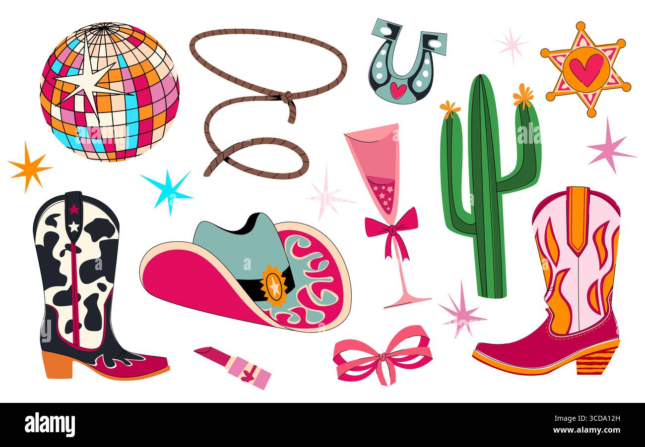 Éléments de cow-girl disco avec boule miroir, lasso corde, fer à cheval et chapeau, bottes et étoile shérif pour des motifs de fête. Accessoires occidentaux avec noeuds roses, verre à cocktail et icônes rétro de rodéo ou de pays Illustration de Vecteur