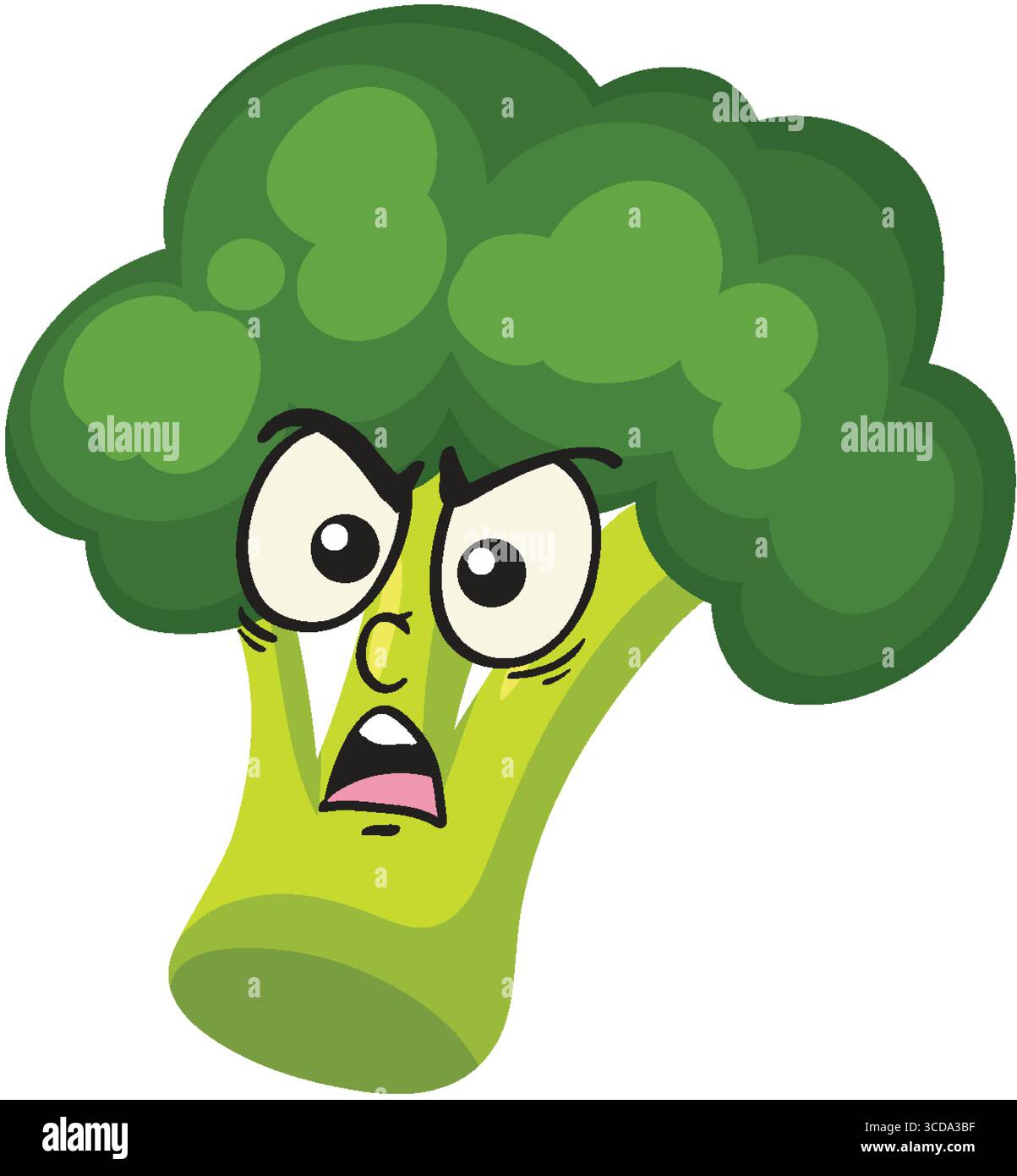 Illustration vectorielle d'un personnage de brocoli avec une expression faciale en colère, des contours audacieux, des couleurs vertes vibrantes et un style de dessin animé ludique sur blanc Illustration de Vecteur