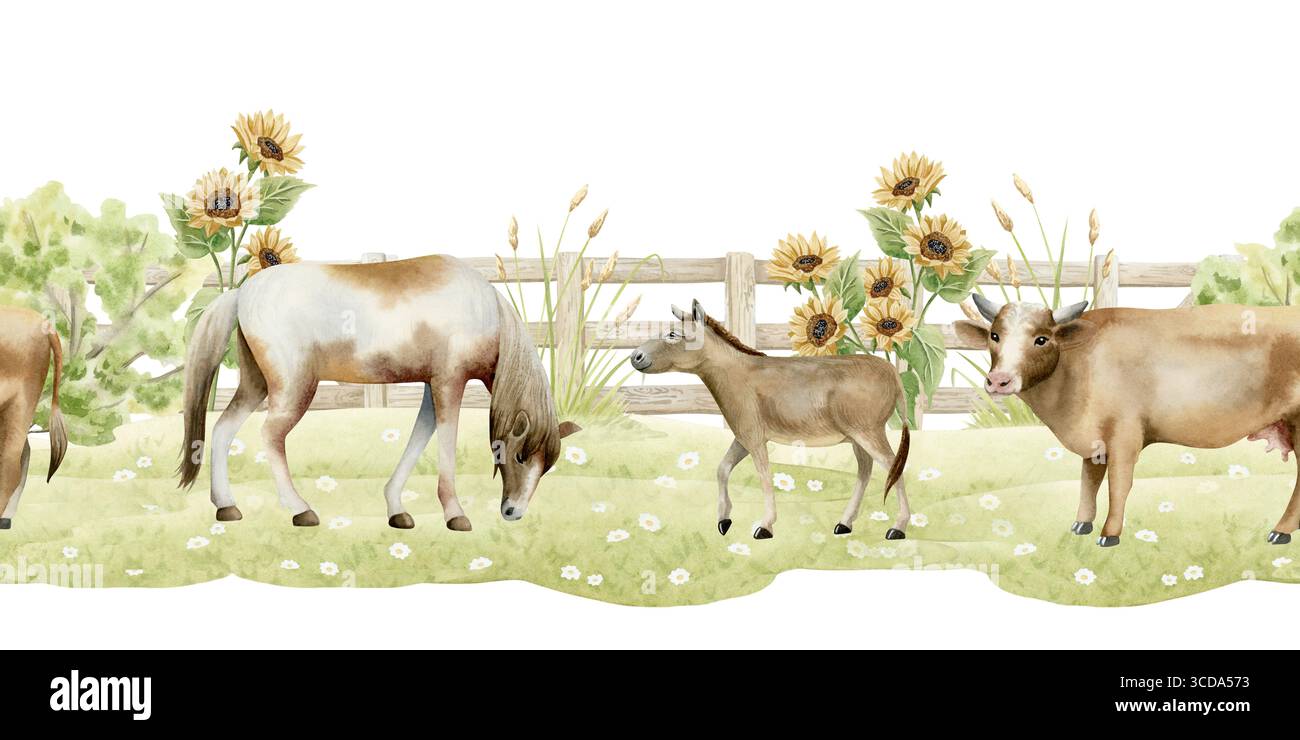 Frontière sans couture avec pâturage de ferme avec des chevaux et des vaches sur le champ vert près du paysage de clôture en bois. Ferme d'aquarelle pâturage animaux isolés sur blanc Banque D'Images