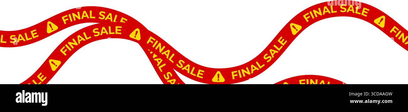 Ruban d'avertissement rouge, texte jaune gras, ruban d'icône d'alerte pour la zone de vente finale, motif de rayures de caisse, disposition d'urgence promotionnelle. Illustration vectorielle Illustration de Vecteur