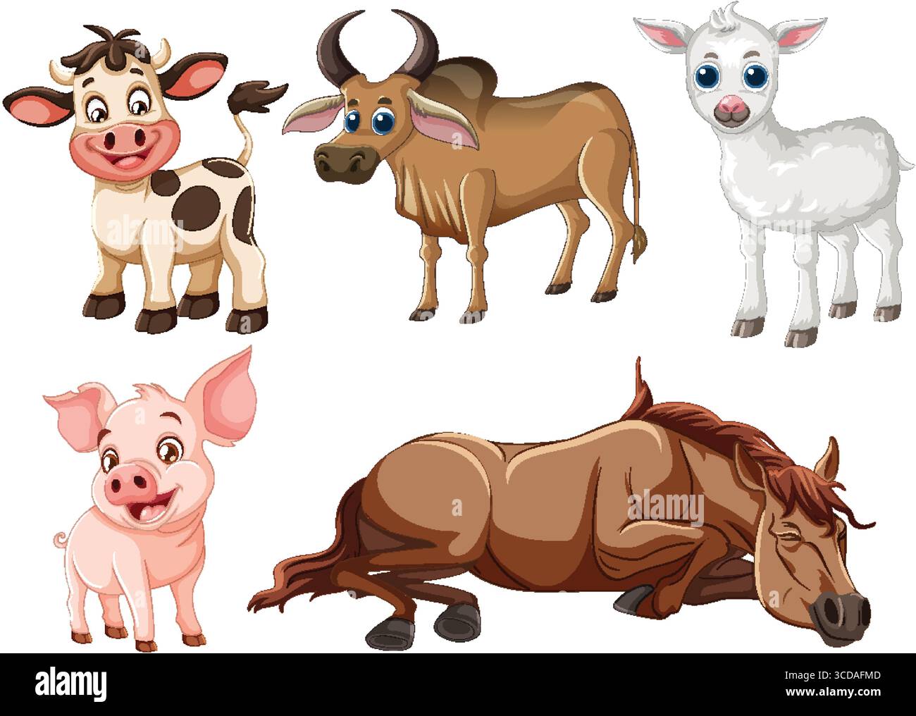 Animaux de ferme de dessins animés adorables dans des couleurs vibrantes avec des expressions ludiques. Comprend vache, taureau, mouton, porc et cheval Illustration de Vecteur