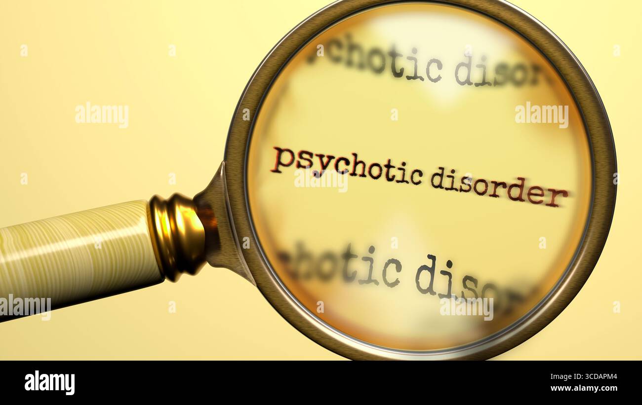 Trouble psychotique sous loupe. Rechercher, explorer et inspecter le trouble psychotique. Regardez de plus près et analysez le trouble psychotique. Banque D'Images