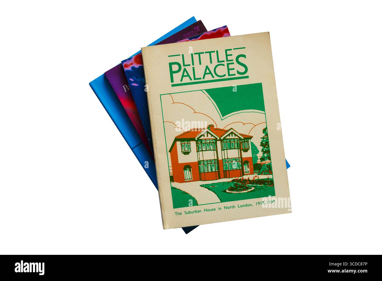 Sélection de livres avec Little Palaces livre la maison de banlieue dans le nord de Londres 1919-1939 sur le dessus isolé sur fond blanc Banque D'Images