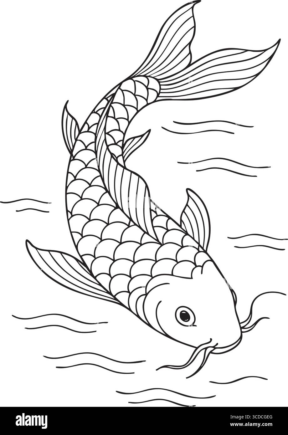 Koi gracieux rendu dans des lignes noires coulantes avec des écailles détaillées et des nageoires suggérant un mouvement dans l'eau. Illustration de Vecteur