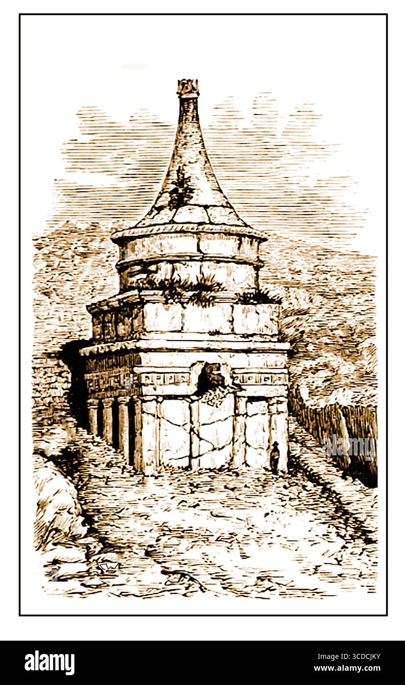 Le tombeau d'Absalom (יד אבשלום) tel qu'il était en 1887 - également connu sous le nom de sanctuaire d'Absalom, pilier d'Absalom, mémorial d'Absalom et Yad Avshalom (anciennement Tantur Fir'aun ou « chapeau de Pharaon ». Il est situé dans la vallée du Kidron à Jérusalem -- קבר אבשלום כפי שנראה בשנת 1887 - ידוע גם כמקדש אבשלום, עמוד אבשלום, אנדרטת אבשלום ויד אבשלום (בעבר טנטור פירעון או 'כובע פרעה'). הוא ממוקם בנחל קדרון בירושלים. Banque D'Images