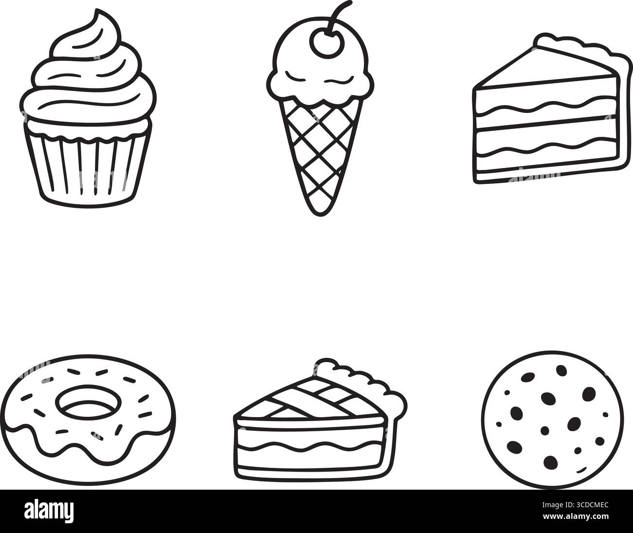 Dessins simples au trait noir de friandises sucrées montrant un cupcake givré, un cône de gaufre avec une cuillère et une tranche de gâteau en couches sur blanc. Illustration de Vecteur