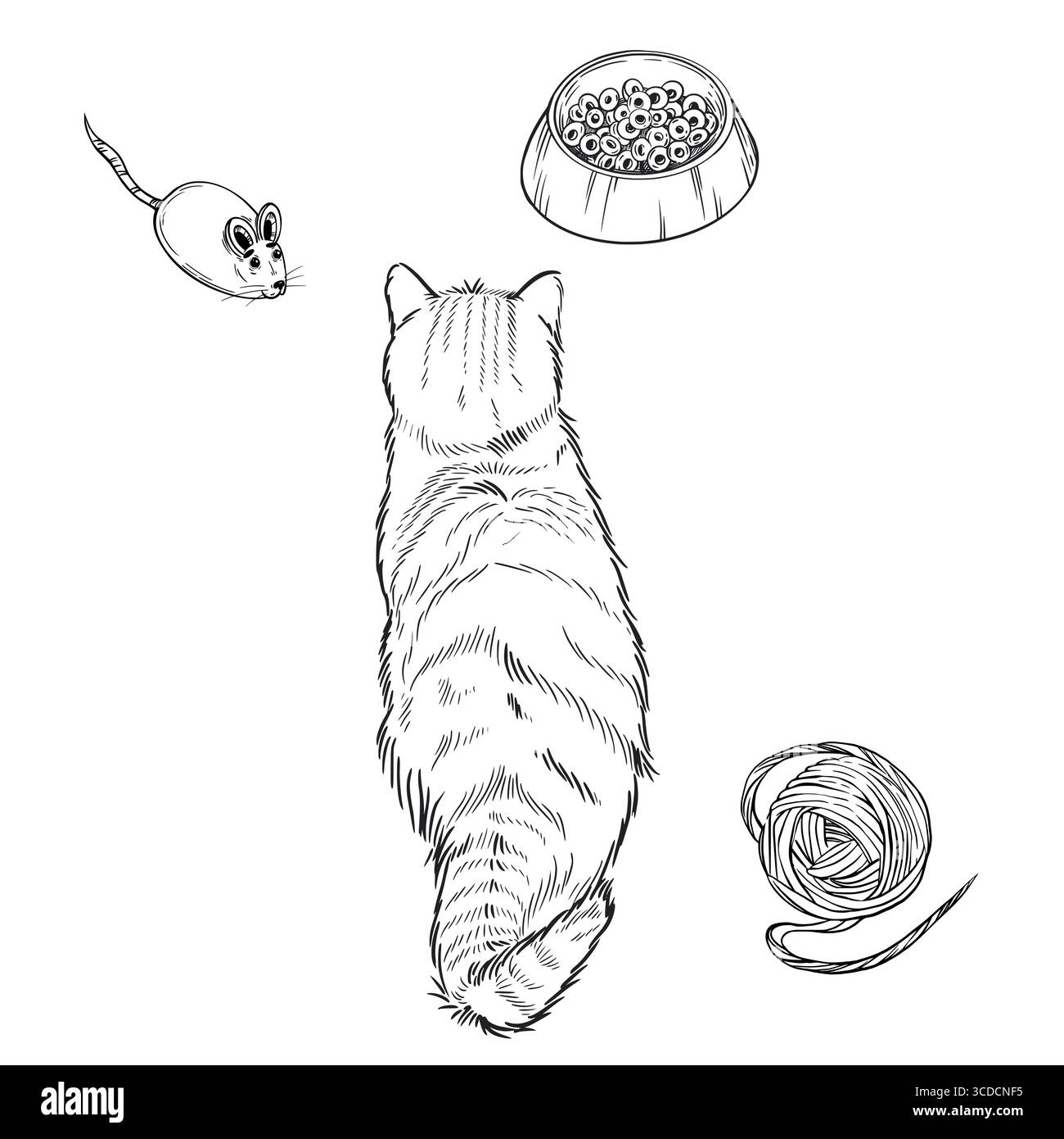 Chat moelleux avec son dos à côté de son bol de nourriture et jouets, tous les objets dessinés à la main à l'encre et traduits en vecteur. illustration pour l'impression dans Illustration de Vecteur