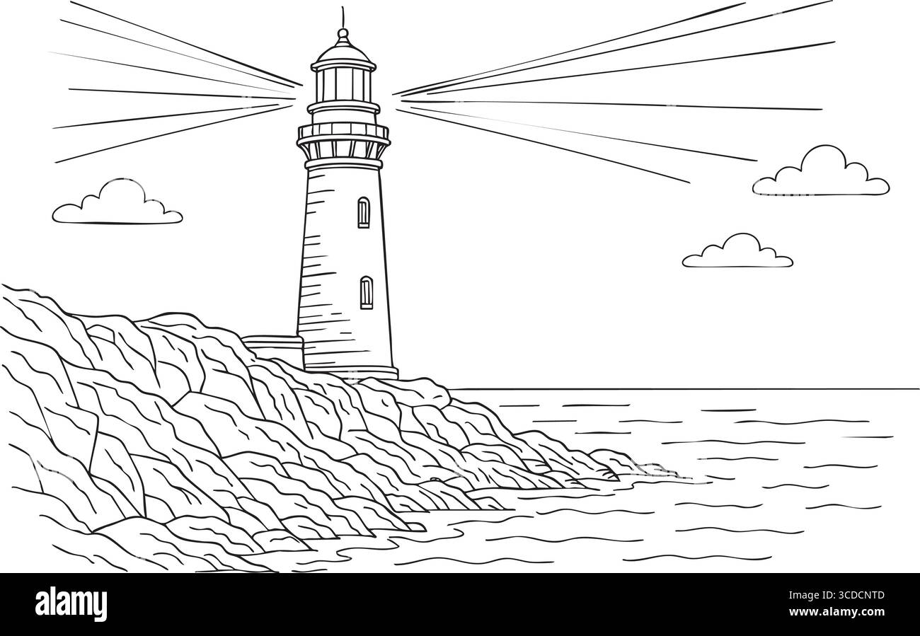 Dessin monochrome d'un haut phare perché sur un rivage rocheux avec mer et ciel ondulés. Illustration de Vecteur
