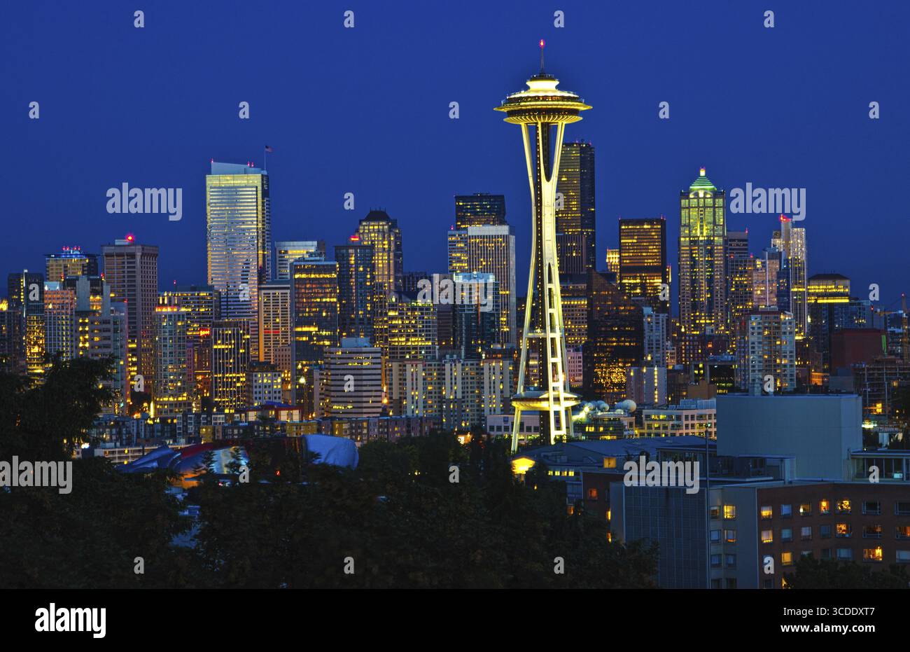 Seattle Washington, horizon de Queen Annes Hill, Space Needle, ville à l'heure bleue, illumination, USA Banque D'Images