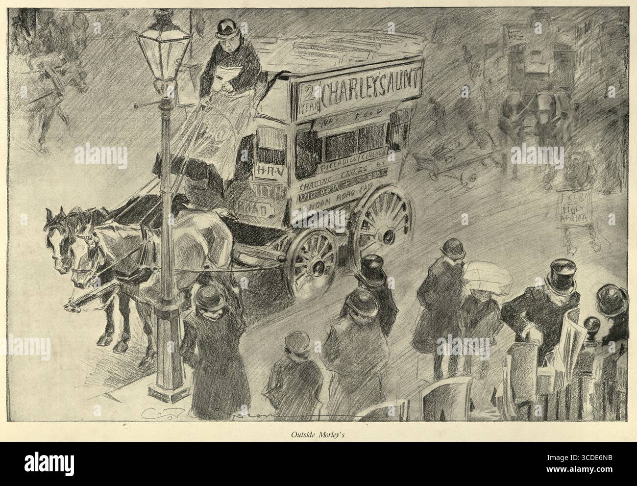 Bus tiré par des chevaux, devant Morley's Hotel, Trafalgar Square, Sketches from Victorian London, Charles Dana Gibson, art du XIXe siècle des années 1890 Banque D'Images