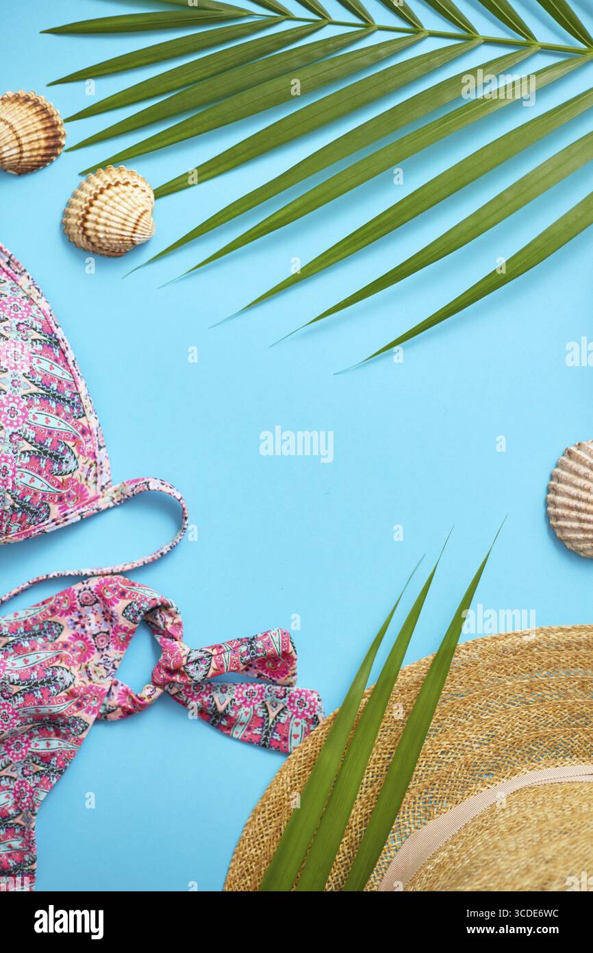 Vêtements d'été de plage de femmes et accessoires collage sur fond bleu. Avec bikini, chapeau, sac de plage, feuille de palmier. Pose à plat. Vue de dessus Banque D'Images