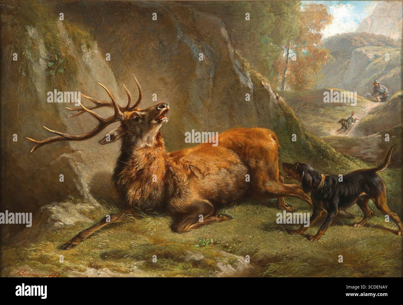 Cerf, signé et daté Benno Adam 1868, huile sur toile, Benno Rafael Adam (15 juillet 1812, Munich - 8 mars 1892, Kelheim) était un peintre animalier allemand Banque D'Images