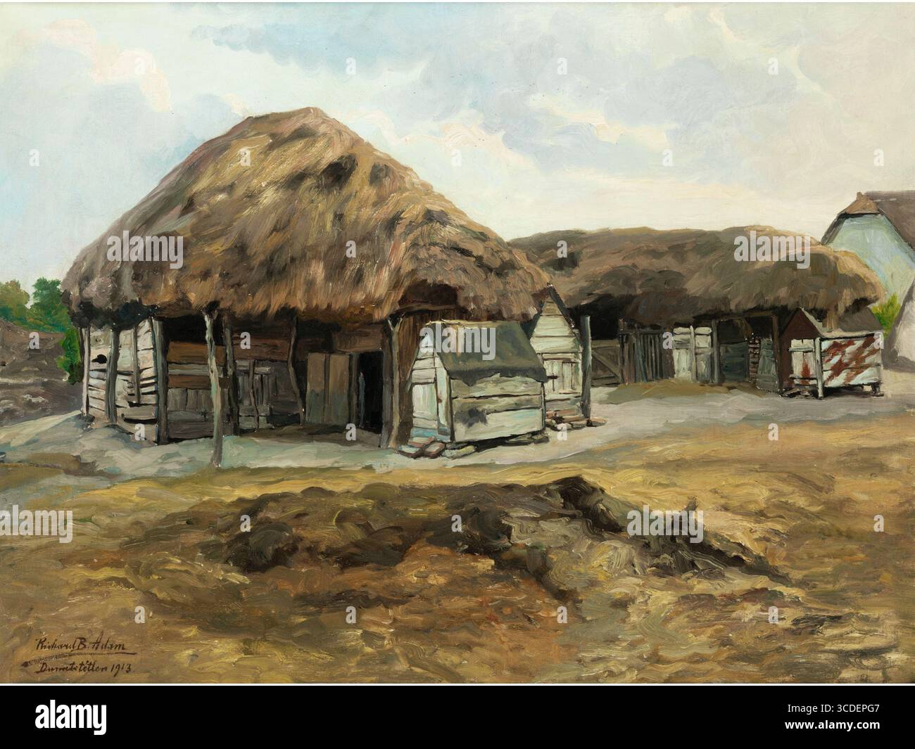 Porcherie à Dunatetétlen, Hongrie. Huile sur toile. 66 x 85 cm. Signé en bas à gauche, intitulé 'Dunatetétlen', et daté '1913'. Par Richard Benno Adam (5 mars 1873 à Munich ; 20 janvier 1937 en classe) était un portraitiste et peintre équestre allemand. Banque D'Images