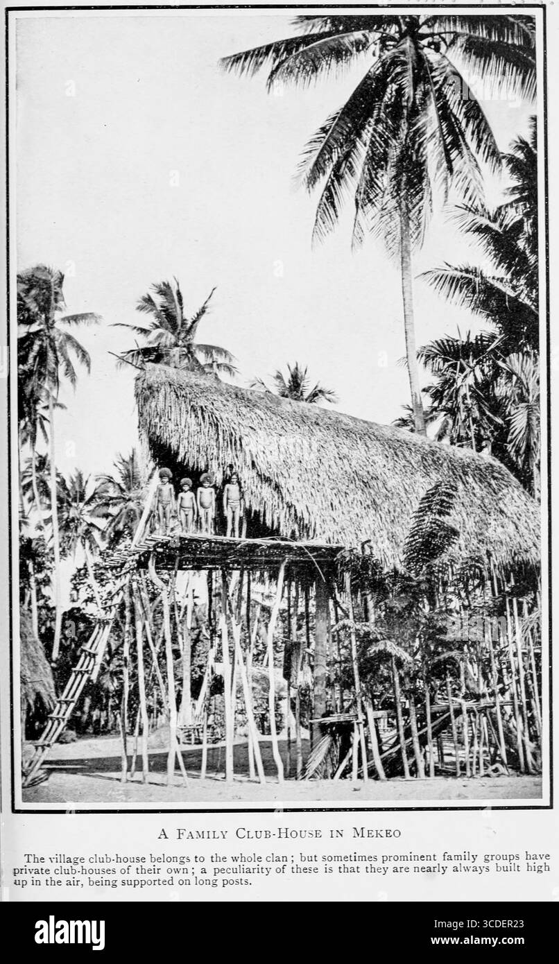 Un club-House familial à Mekeo le club-House du village appartient à tout le clan ; mais parfois des groupes familiaux importants ont leurs propres clubs-House privés ; une particularité de ceux-ci est qu'ils sont presque toujours construits haut dans les airs, étant soutenus sur de longs postes. From the Ways of the South Seas Savage : a record of Travel & observation between the Savages of the Salomon Islands & primitive & Coast & Mountain Peoples of New Guinea photographie en noir et blanc par Williamson, Robert W publié en 1914 Banque D'Images