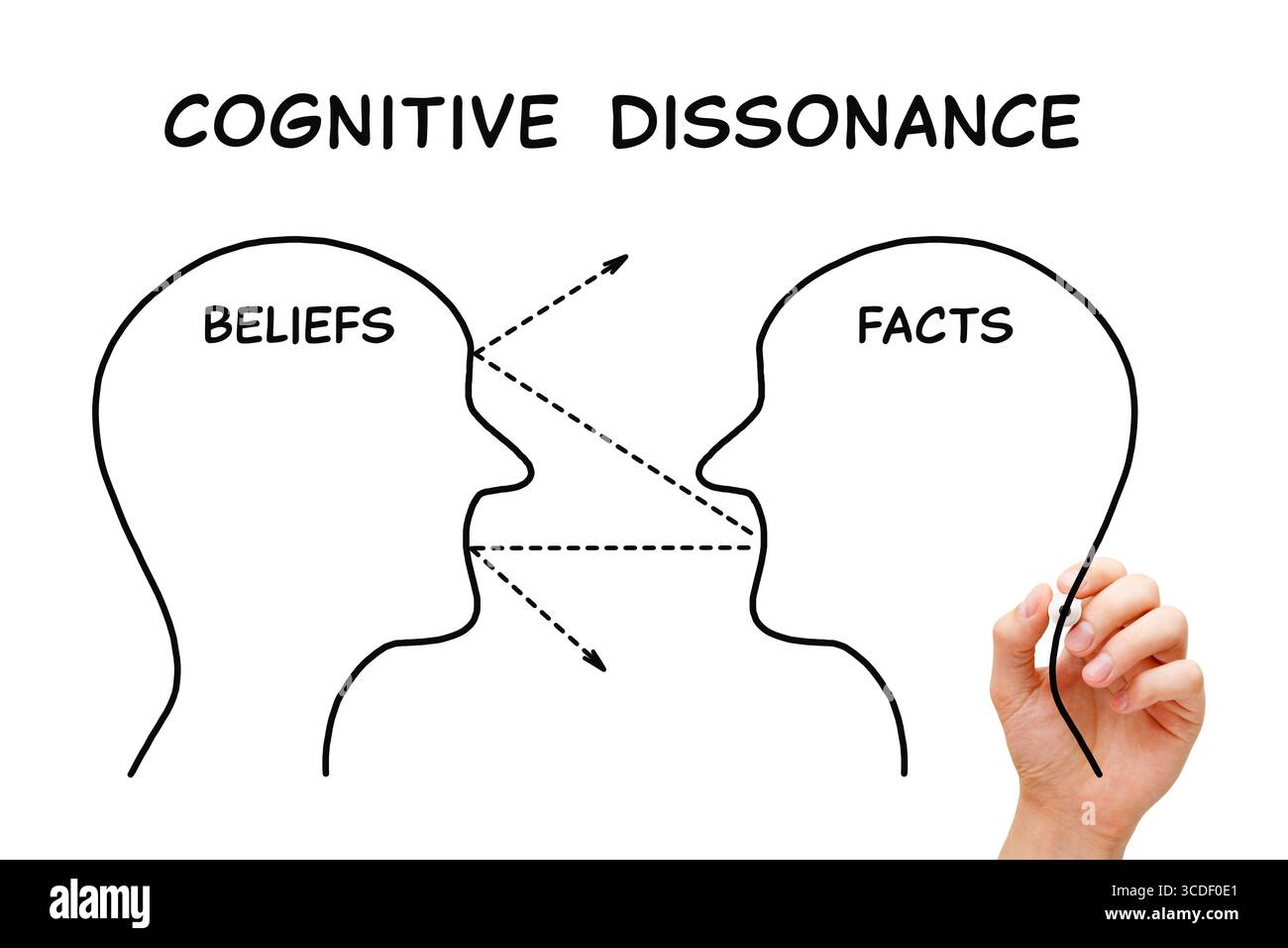 Dessin à la main croyances cognitives dissonance concept versus faits avec marqueur noir sur tableau transparent essuyé isolé sur fond blanc. Banque D'Images