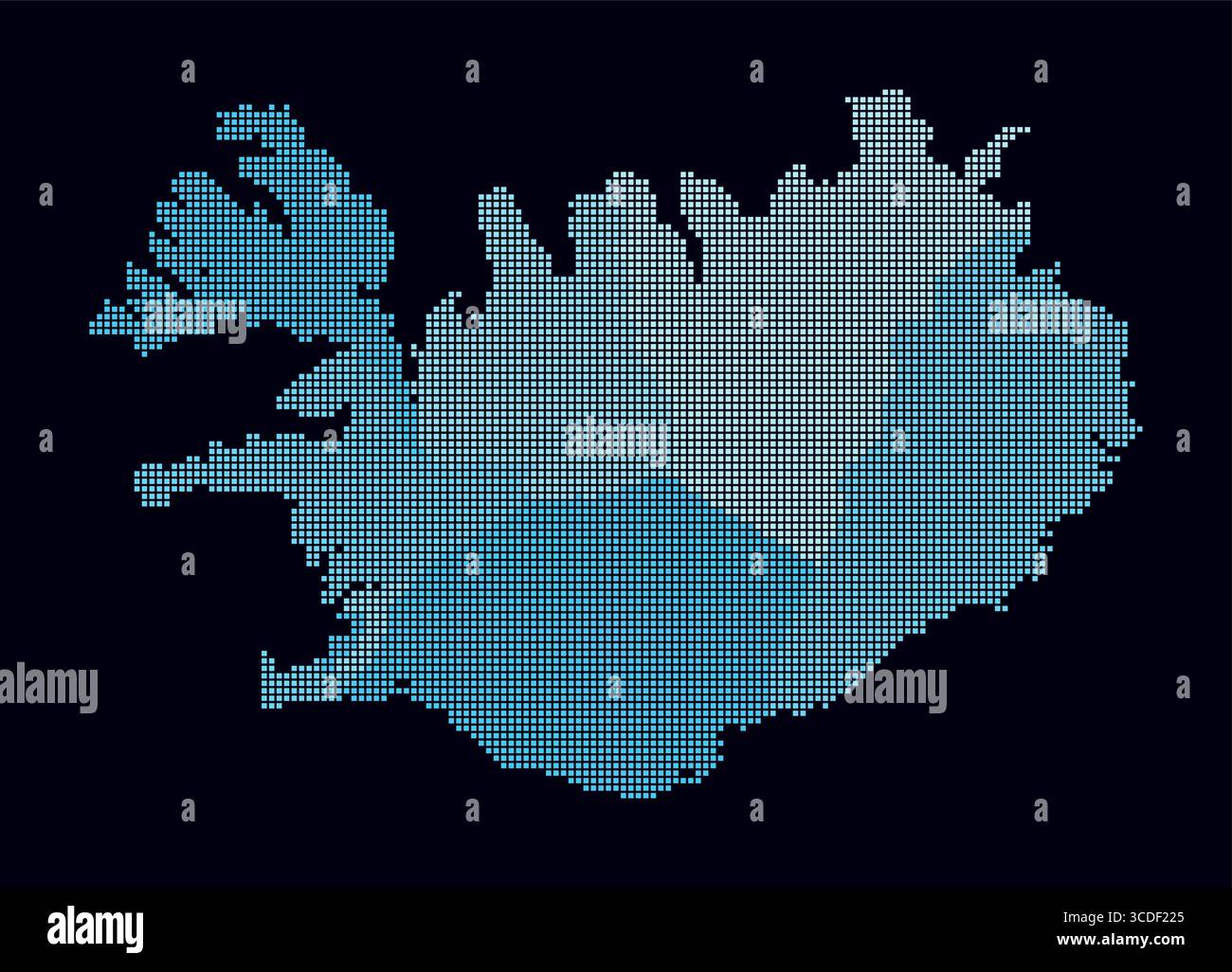 Carte en pointillés de l'Islande. Carte de style numérique du pays sur fond sombre. Forme islandaise avec des points carrés. Style de points colorés. Carrés de petite taille. Illustration de Vecteur