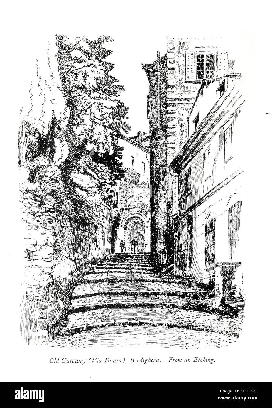 Old Gateway via Drjtta, Bordighera Province of Imperia, Ligurie, Italie. Une illustration tirée de 'Rock villages of the Riviera' par William Scott publié par Adam et Charles Black 1898 Banque D'Images
