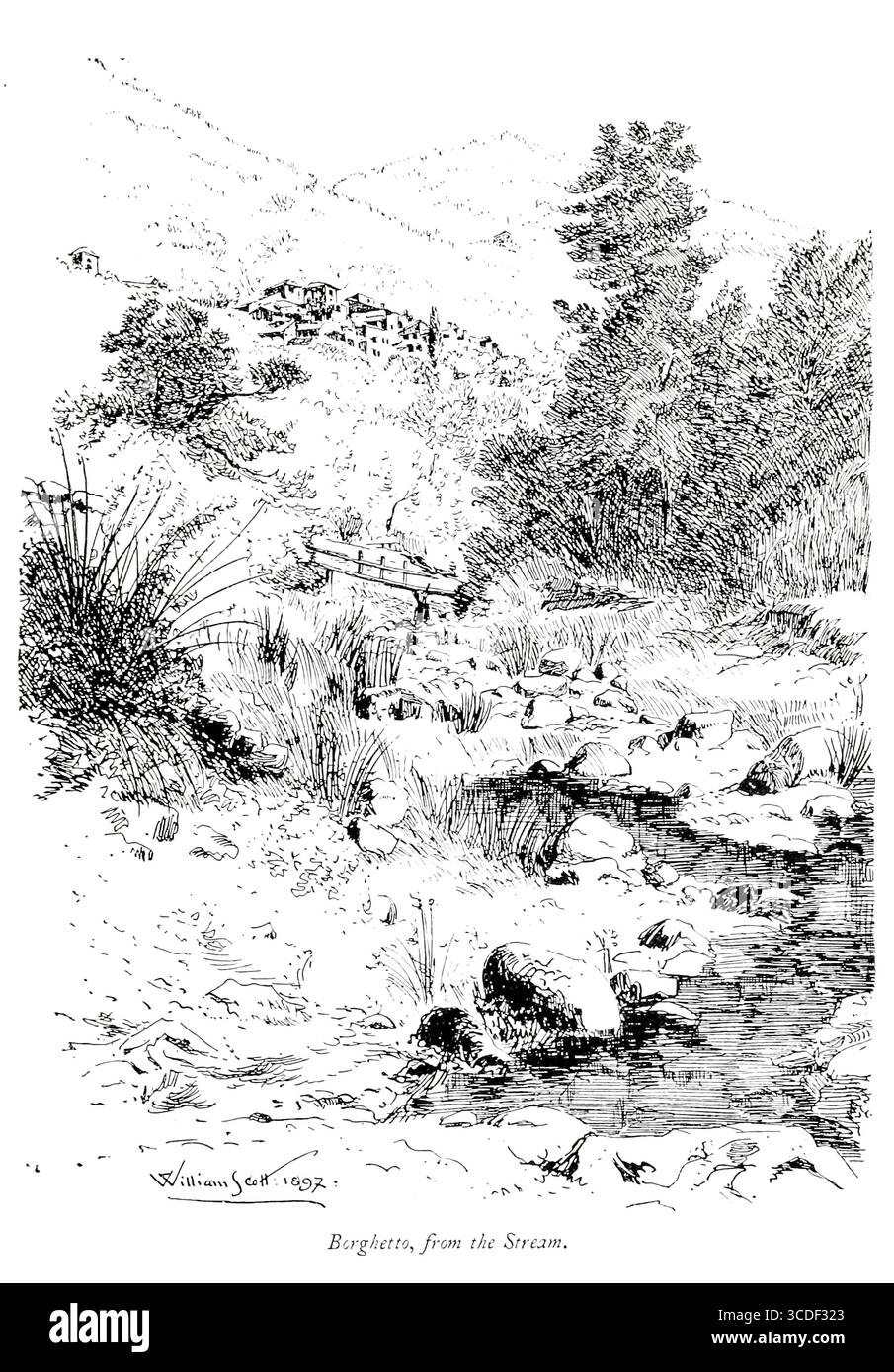 BORGHETTO, DU RUISSEAU. Borghetto d'Arroscia, Province d'Imperia, Ligurie, Italie illustration tirée de 'villages rocheux de la Riviera' par William Scott publié par Adam et Charles Black 1898 Banque D'Images