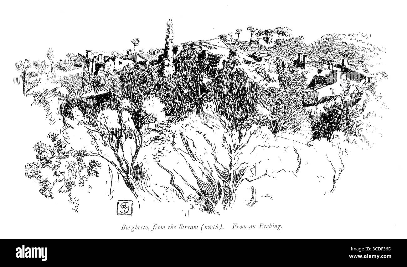 Borghetto, depuis le ruisseau (nord). Borghetto d'Arroscia, Province d'Imperia, Ligurie, Italie illustration tirée de 'villages rocheux de la Riviera' par William Scott publié par Adam et Charles Black 1898 Banque D'Images