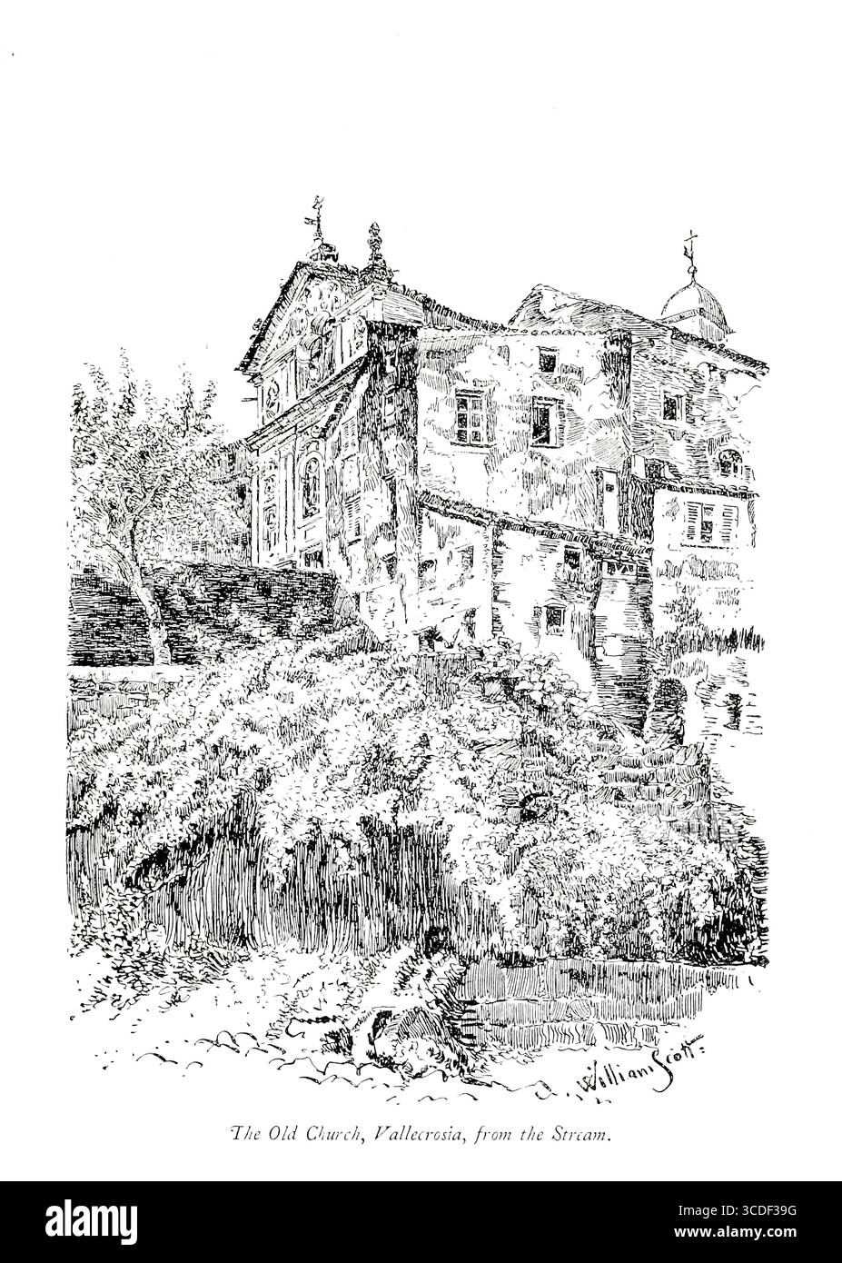 The Old Church, Vallecrosia, from the Stream Province of Imperia, Ligurie, Italy illustration tirée de ' Rock villages of the Riviera ' par William Scott publié par Adam et Charles Black 1898 Banque D'Images