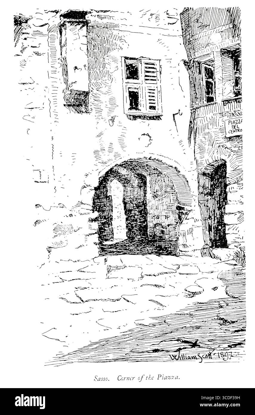 Sasso. Coin de la Piazza Sasso di Bordighera, Bordighera, Ligurie, Italie. Une illustration tirée de 'Rock villages of the Riviera' par William Scott publié par Adam et Charles Black 1898 Banque D'Images