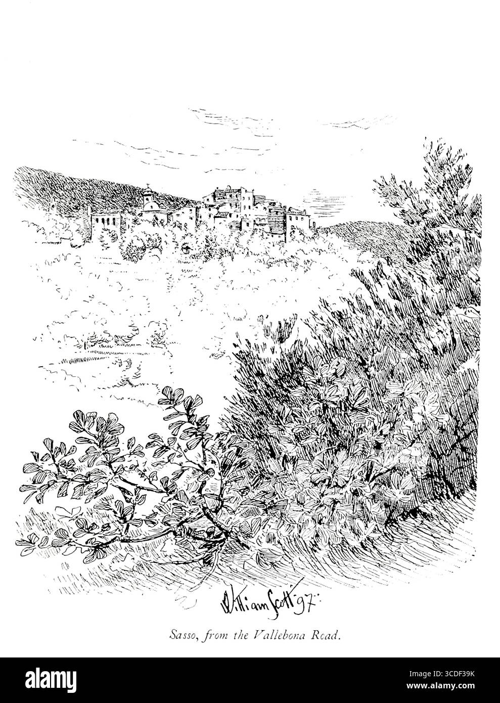 Sasso, depuis la route de Vallebona Sasso di Bordighera, Bordighera, Ligurie, Italie. Une illustration tirée de 'Rock villages of the Riviera' par William Scott publié par Adam et Charles Black 1898 Banque D'Images