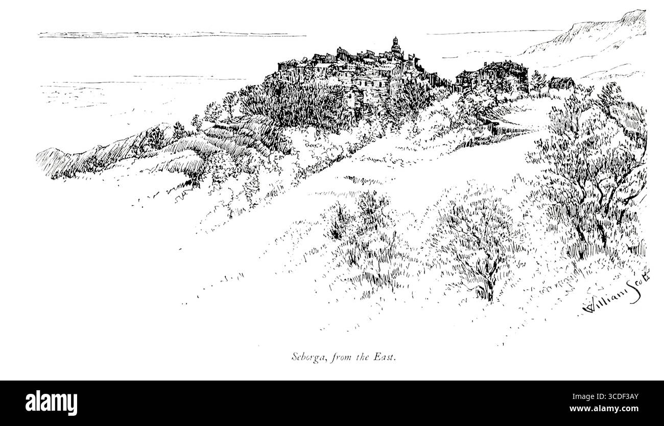 Seborga, de la province orientale d'Imperia, Ligurie, Italie L'entrée de la province Perinaldo d'Imperia, Ligurie, Italie une illustration tirée de 'villages rocheux de la Riviera' par William Scott publié par Adam et Charles Black 1898 Banque D'Images