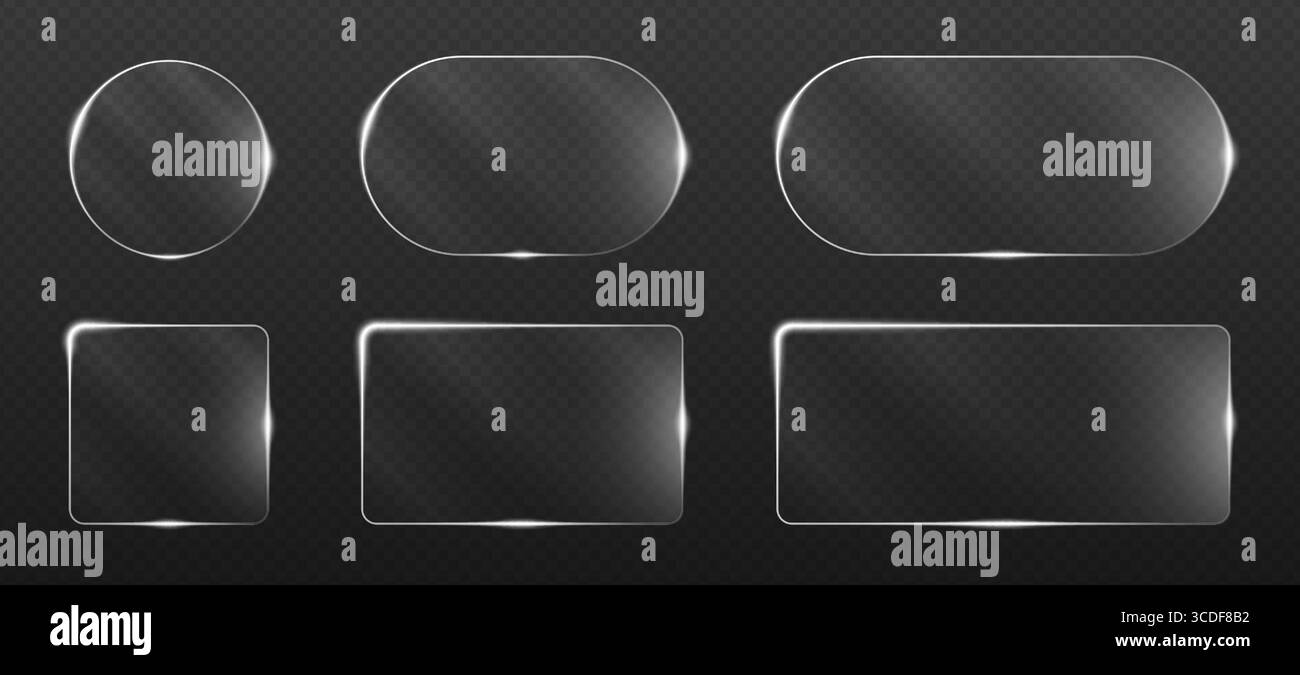 Cadres en verre futuristes avec lueur néon dans les tons bleus et électriques. Formes géométriques transparentes comprenant des carrés, des cercles et des hexagones pour l'interdiction numérique Illustration de Vecteur