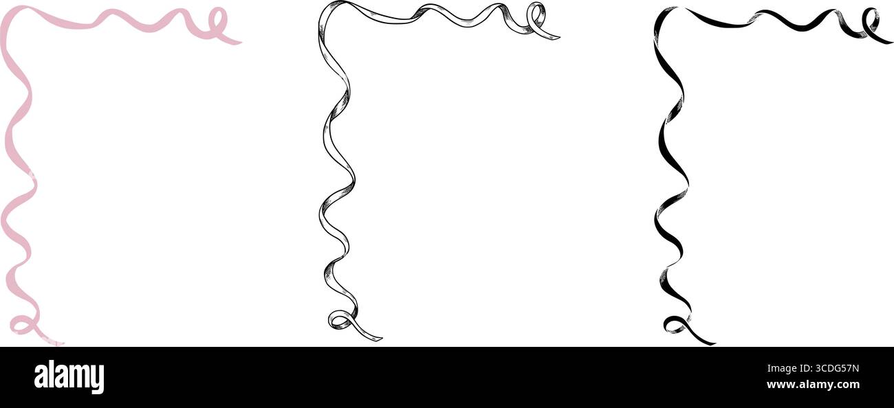 Illustration vectorielle de bordure de ruban bouclé. Dessin linéaire de cadres aux encres roses et noires sur fond isolé. Contour gravure pour carte de voeux de mariage ou invitations de douche de bébé. Illustration de Vecteur
