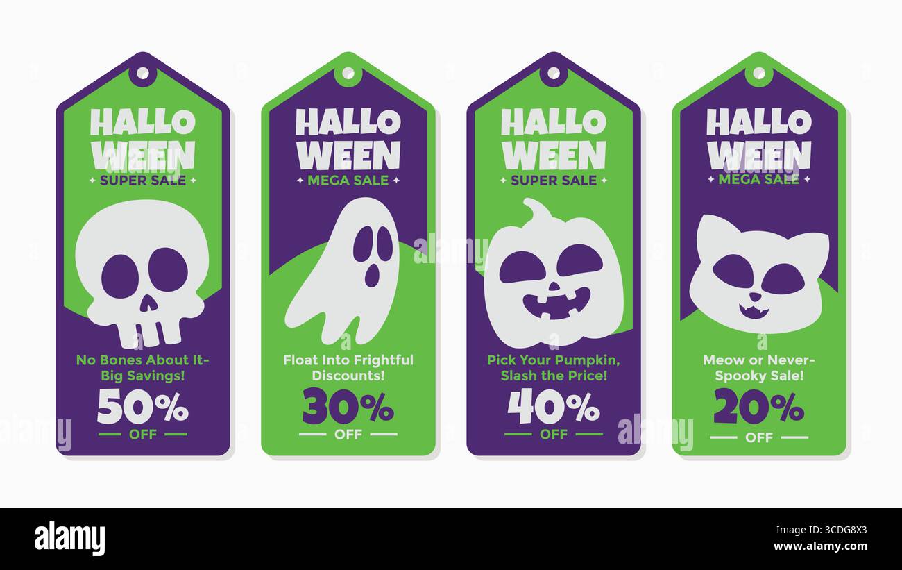 Un ensemble ludique de motifs d'étiquettes de vente d'Halloween mettant en vedette de jolies icônes comme des citrouilles, des fantômes, des crânes et des chats. Parfait pour les marketeurs et les boutiques en ligne Illustration de Vecteur