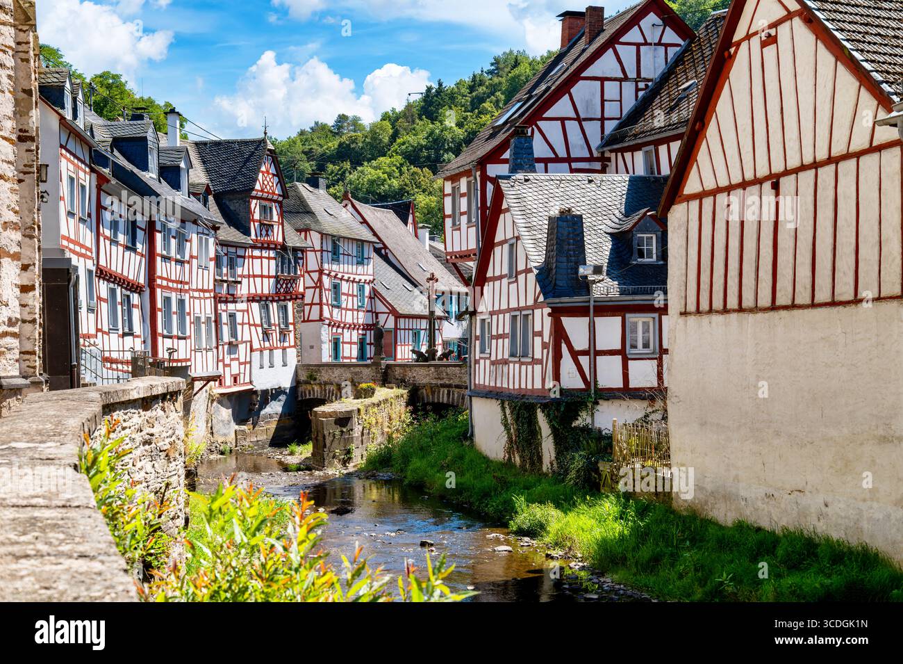 Monreal, Eifel, maisons historiques à colombages le long de l'Elzbach sous le ciel bleu en été Banque D'Images