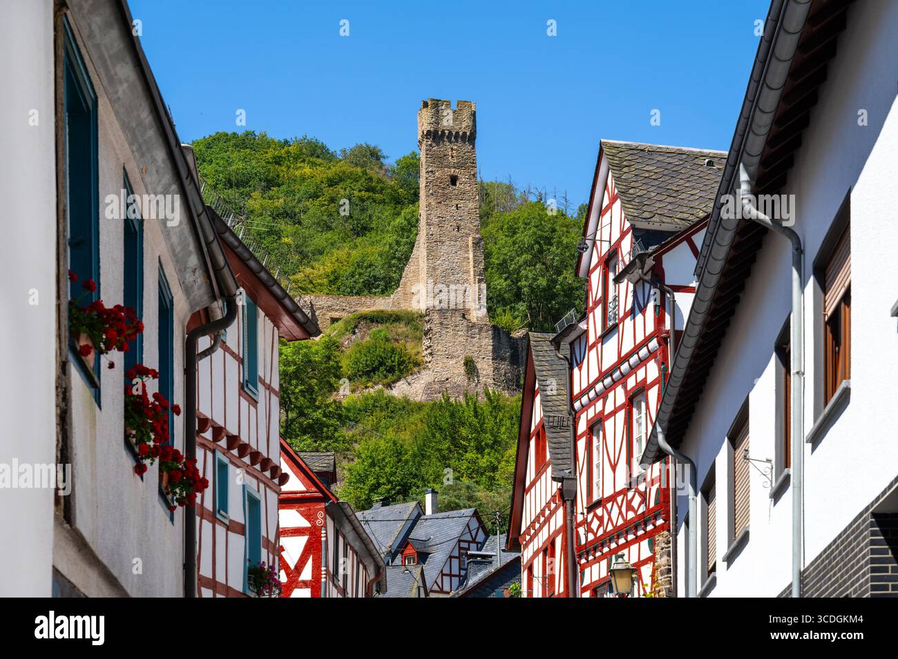 Vue de Philippsburg à Monreal, encadrée par des maisons historiques à colombages par une journée d'été ensoleillée Banque D'Images