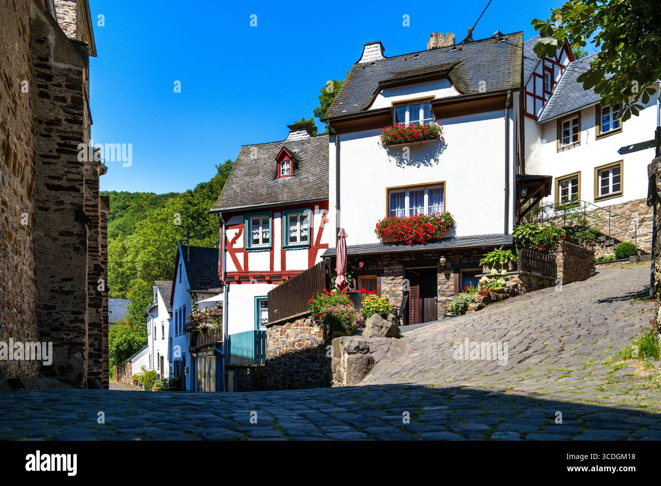 Vue d'été des maisons à colombages ornées de fleurs dans le centre historique de Monreal, Eifel Banque D'Images