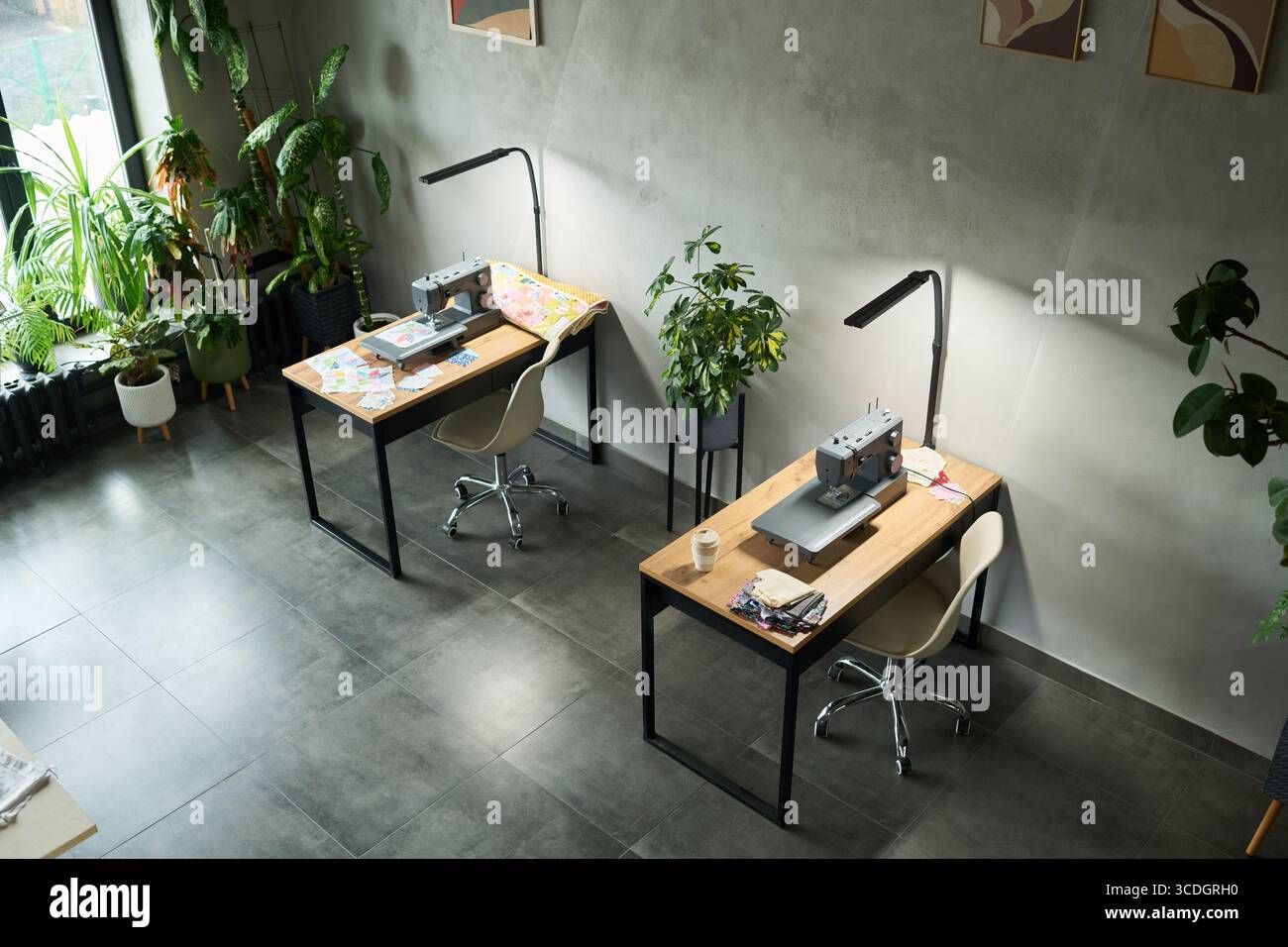 Deux postes de travail vides avec machines à coudre positionnées sur des bureaux en bois dans un studio moderne, tissus et fournitures de couture disposés soigneusement, grandes fenêtres et plantes vertes entourant l'espace de travail Banque D'Images