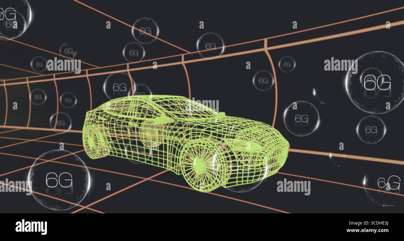 Conduire la voiture filaire verte néon à travers le tunnel de la grille orange, avec des sphères flottantes 6G. Banque D'Images