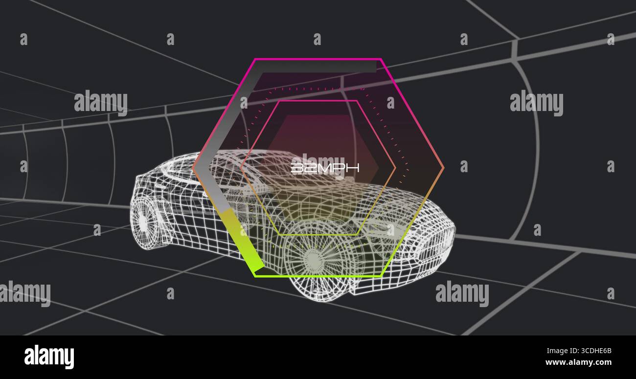 Affichage filaire d'un modèle de voiture de sport qui accélère à travers un tunnel virtuel, avec indicateur de vitesse hexagonal Banque D'Images