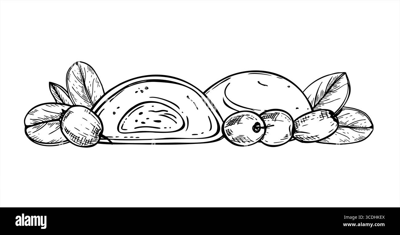 Mochi avec lingonberry et myrtille illustration isolée. Dessert sucré de riz japonais avec dessin de gravure de baies. La moitié de bonbons avec crémeux Illustration de Vecteur