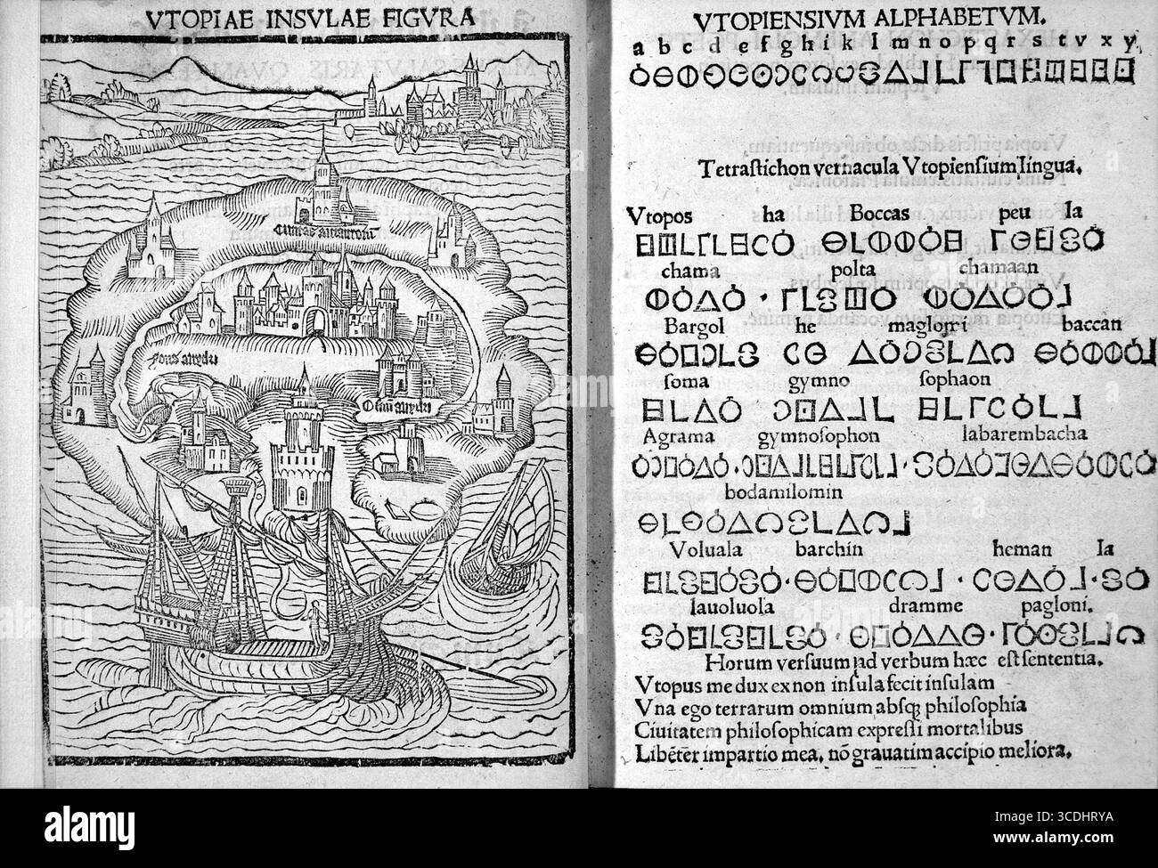 Thomas More, utopie. Titre frontispice gravé sur bois pour la première édition d'Utopia écrit par Thomas More, 1516 Banque D'Images