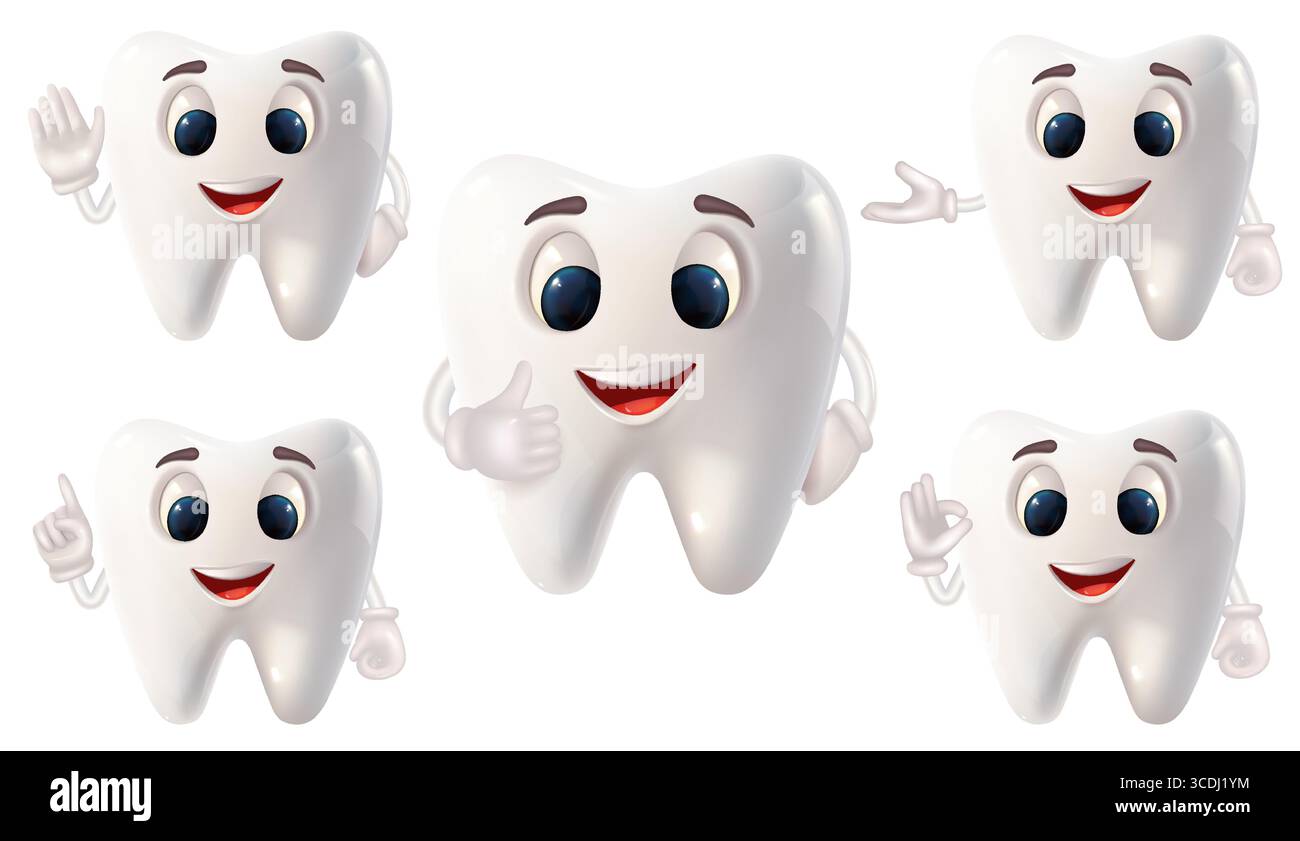 Une collection de cinq personnages joyeux de dessins animés de dents encourageant de bonnes habitudes dentaires avec des sourires et des gestes amicaux. Illustration de Vecteur