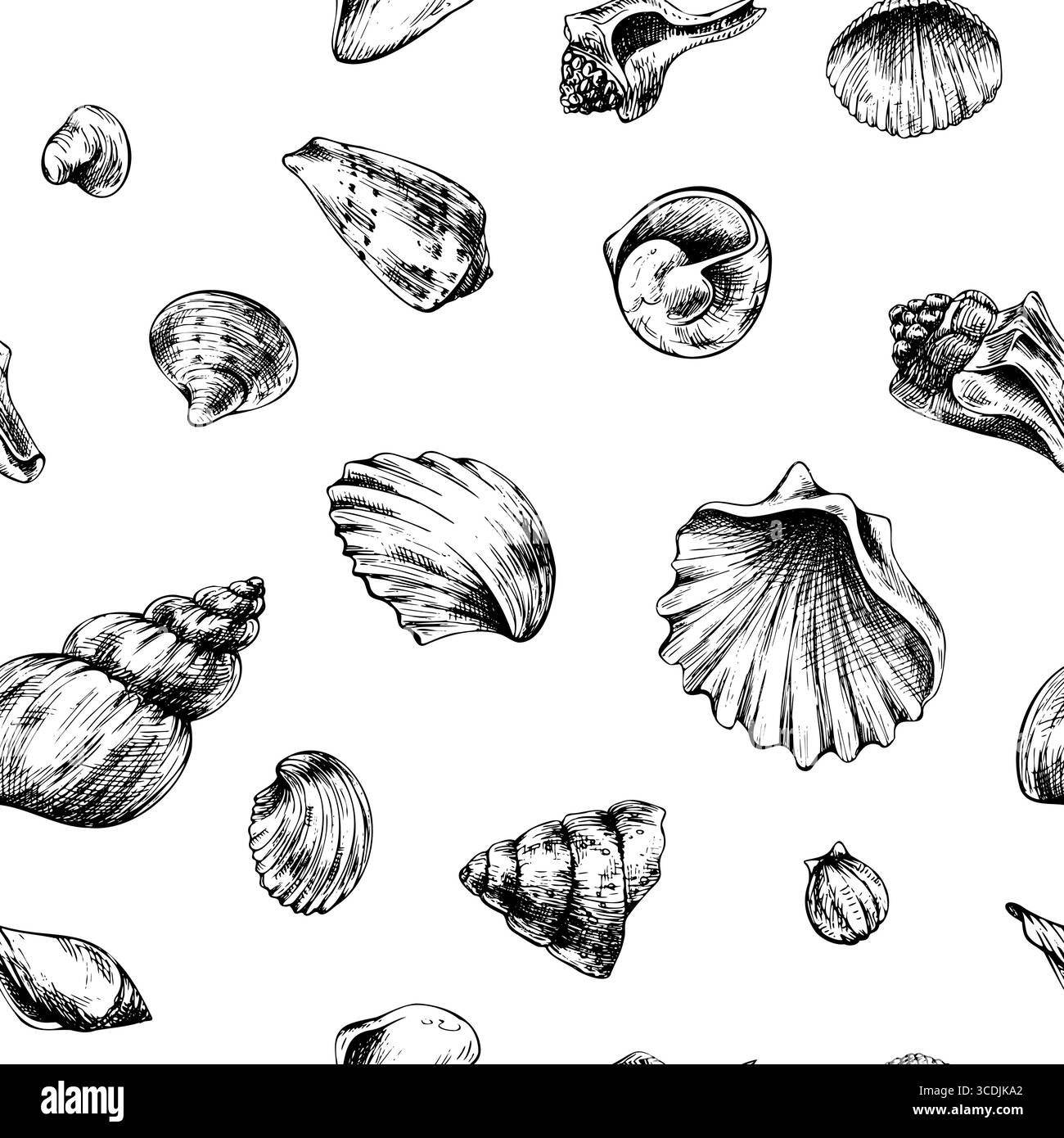 Motif sans couture minimaliste avec coquillages assortis en monochrome, illustration d'art au trait dessiné à la main à l'encre noire, parfait pour le textile à thème marin Illustration de Vecteur
