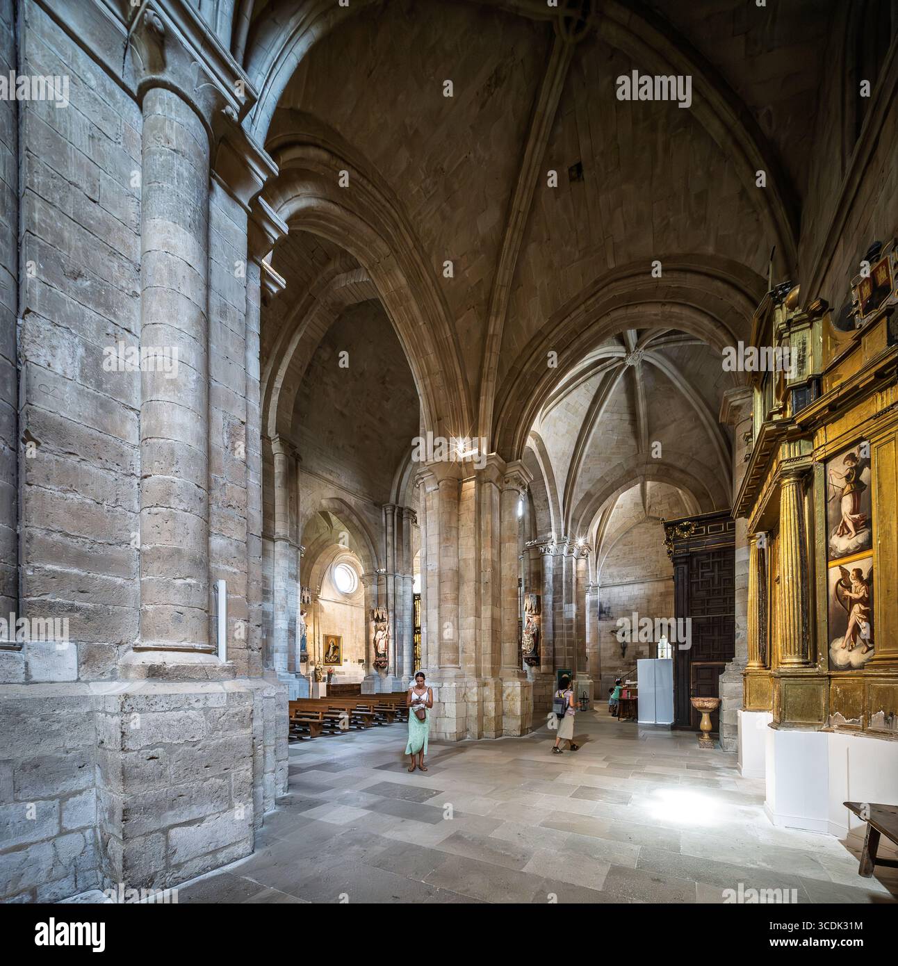 Toro, Espagne, 18 juillet 2025, les visiteurs admirent des œuvres d'art médiévales et des retables au milieu de voûtes côtelées et de colonnes de pierre dans l'église collégiale de Toro Banque D'Images