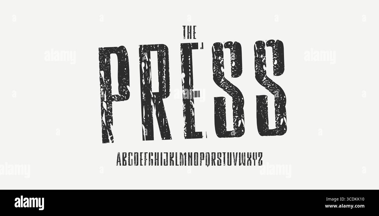 Alphabet de rouille de presse grunge, lettres texturées géométriques étroites, police industrielle vintage pour logo de service de mécanicien, titre robuste, militaire Illustration de Vecteur