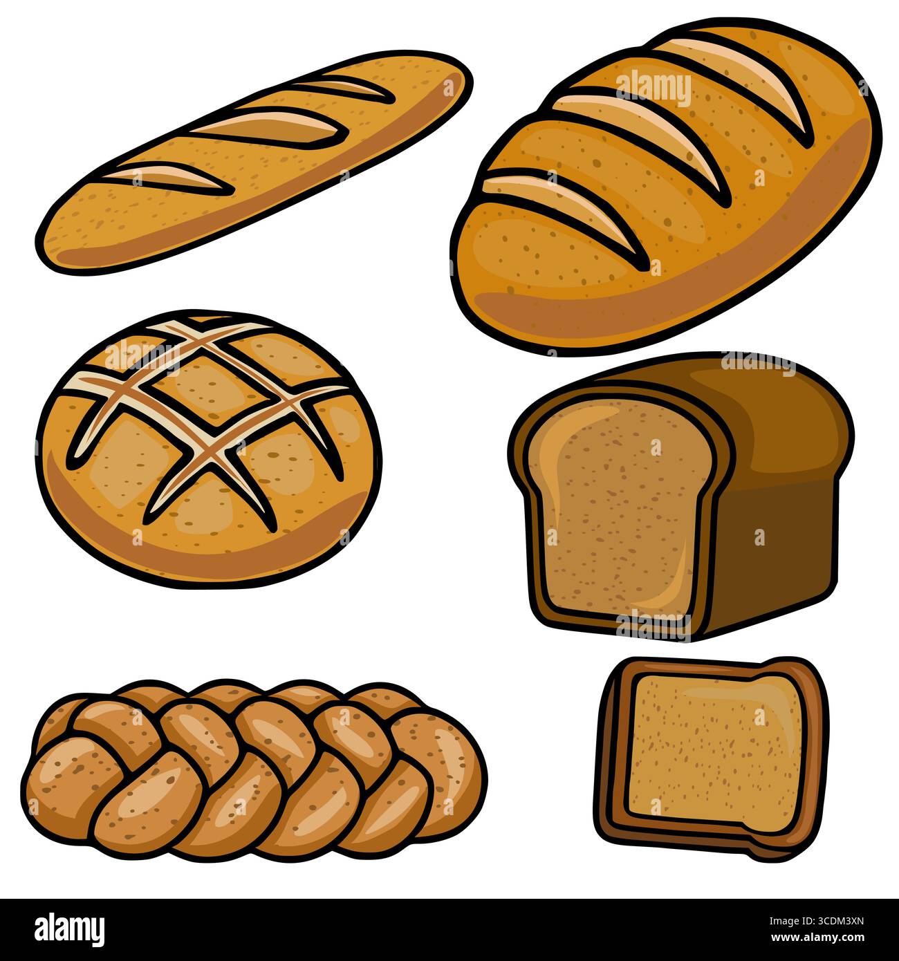 Une illustration vectorielle présentant une collection de différents types de pain, y compris une baguette, pain, pain rond, challah, et une tranche de pain grillé, chaque r Illustration de Vecteur