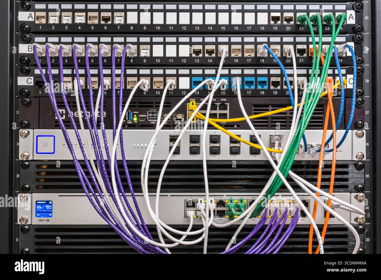 De haut en bas, panneau de brassage, appareil pare-feu Netgate 7100 exécutant pfSense, UniFi Switch XG 16 et UniFi Switch Pro 24 PoE dans un rack de serveur, US Banque D'Images