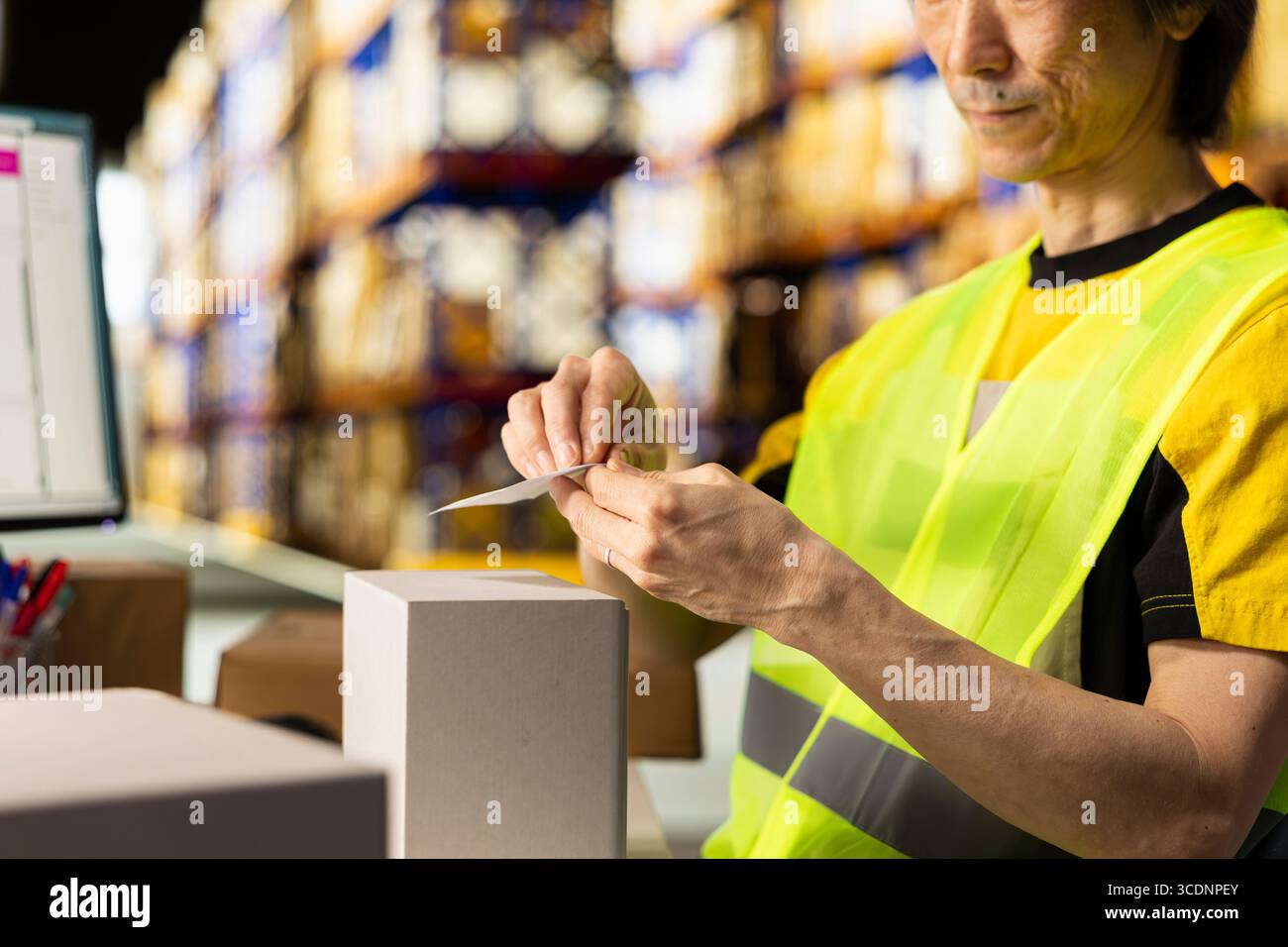 Travailleur masculin gérant l'étiquetage des colis à l'aide d'étiquettes adhésives détaillées d'expédition, traitant le traitement des commandes et préparant les colis pour la distribution. Centre de traitement des achats en ligne. Banque D'Images