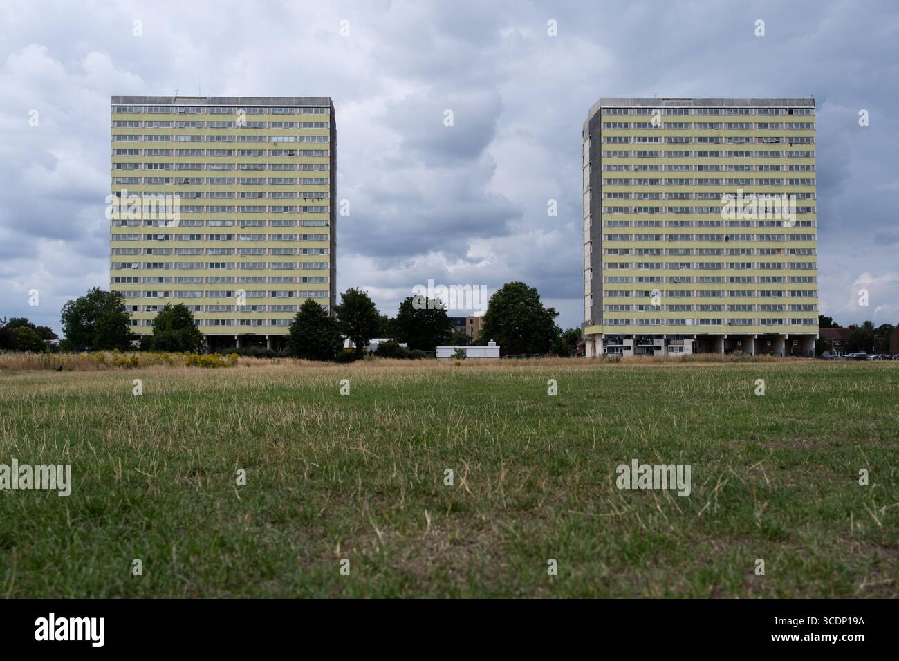 Fred Wigg et John Walsh Towers - appartements municipaux de grande hauteur à Leytonstone, Waltham Forest, East London, Royaume-Uni. Vue sur le terrain de jeu de Wanstead Flats. Banque D'Images