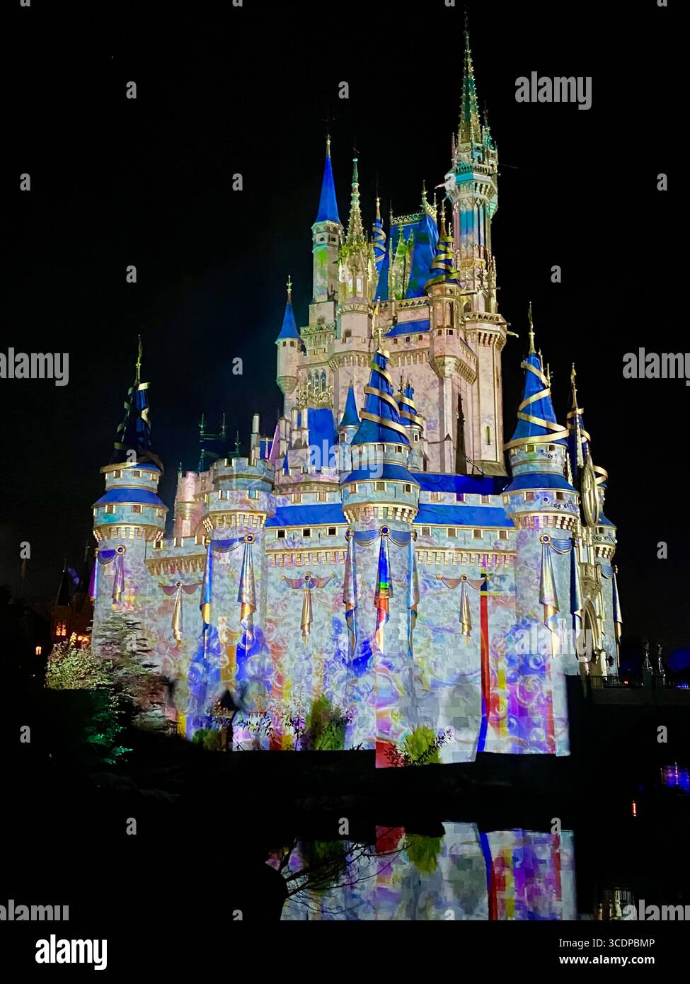 Éclairage captivant du château de Cendrillon la nuit, Disney World, Floride. - Image de stock capturée avec un smartphone