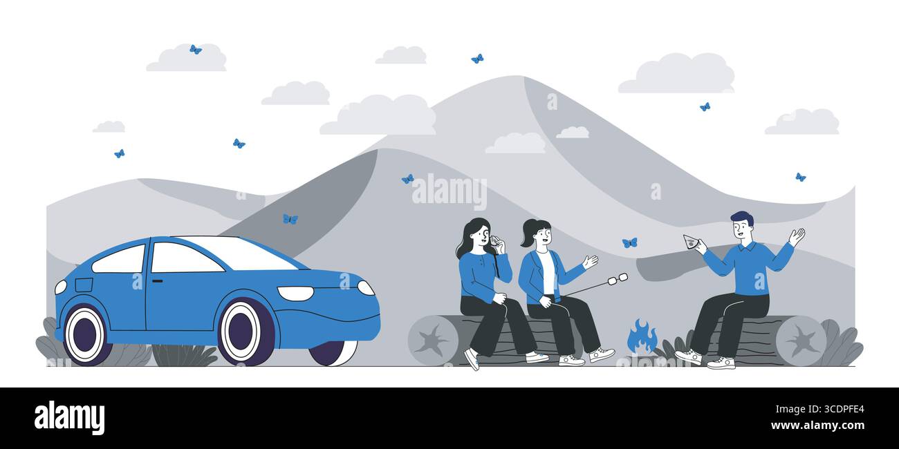 Les gens campent près de la voiture dans les montagnes. Illustration vectorielle Illustration de Vecteur