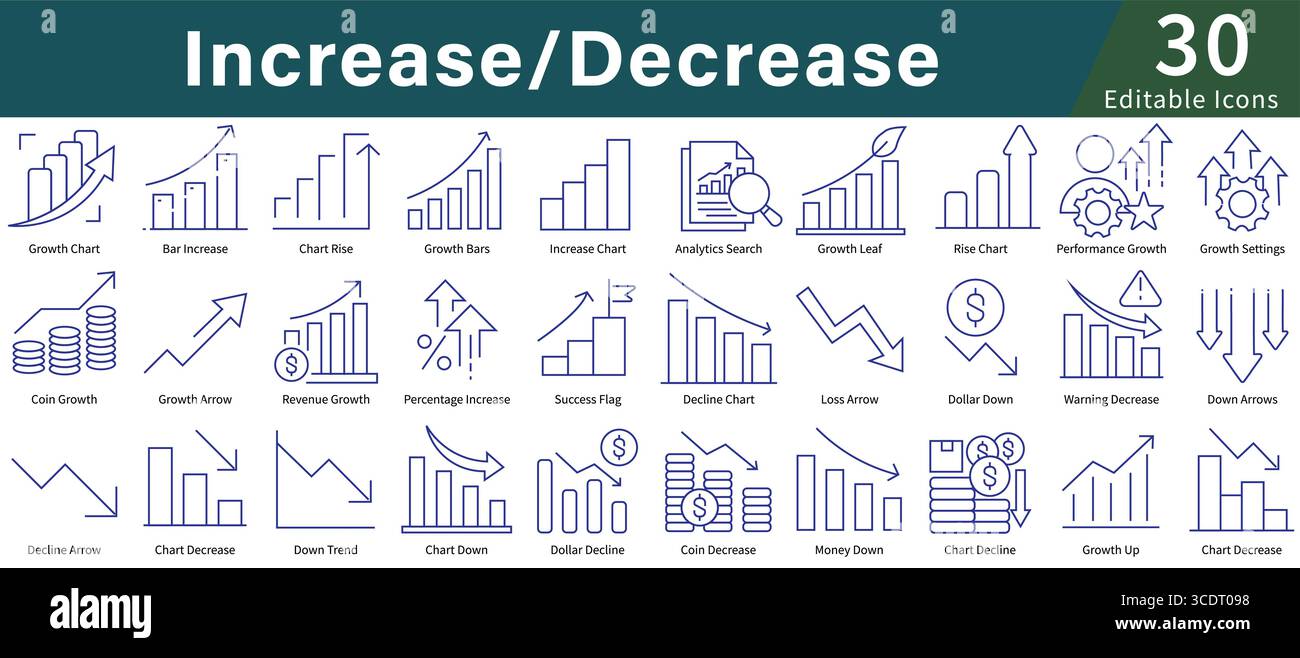 Augmenter l'icône diminuer définie dans le style de ligne avec vecteur modifiable pour la croissance, l'analyse, les graphiques et la visualisation des données Illustration de Vecteur