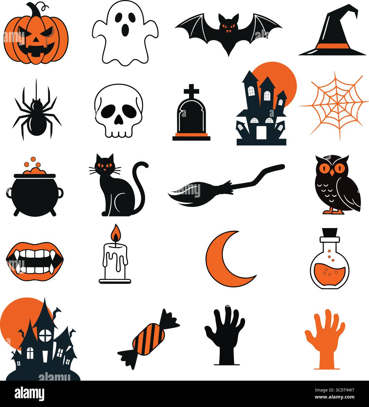 Cette illustration ludique présente une collection d'icônes sur le thème d'Halloween, y compris une citrouille, un fantôme, une chauve-souris, un chapeau de sorcière, araignée, crâne, maison hantée. Illustration de Vecteur